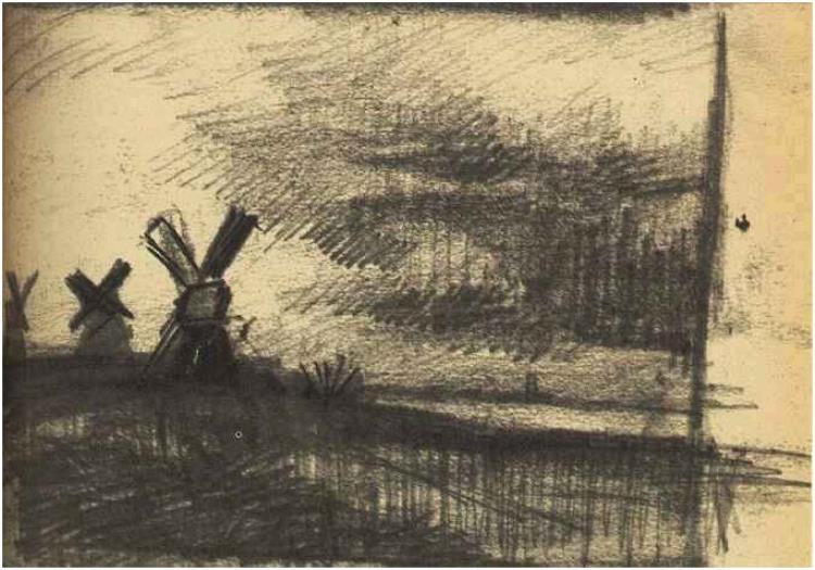 Windmills at Montmartre, Drawing in Pencil, 1877